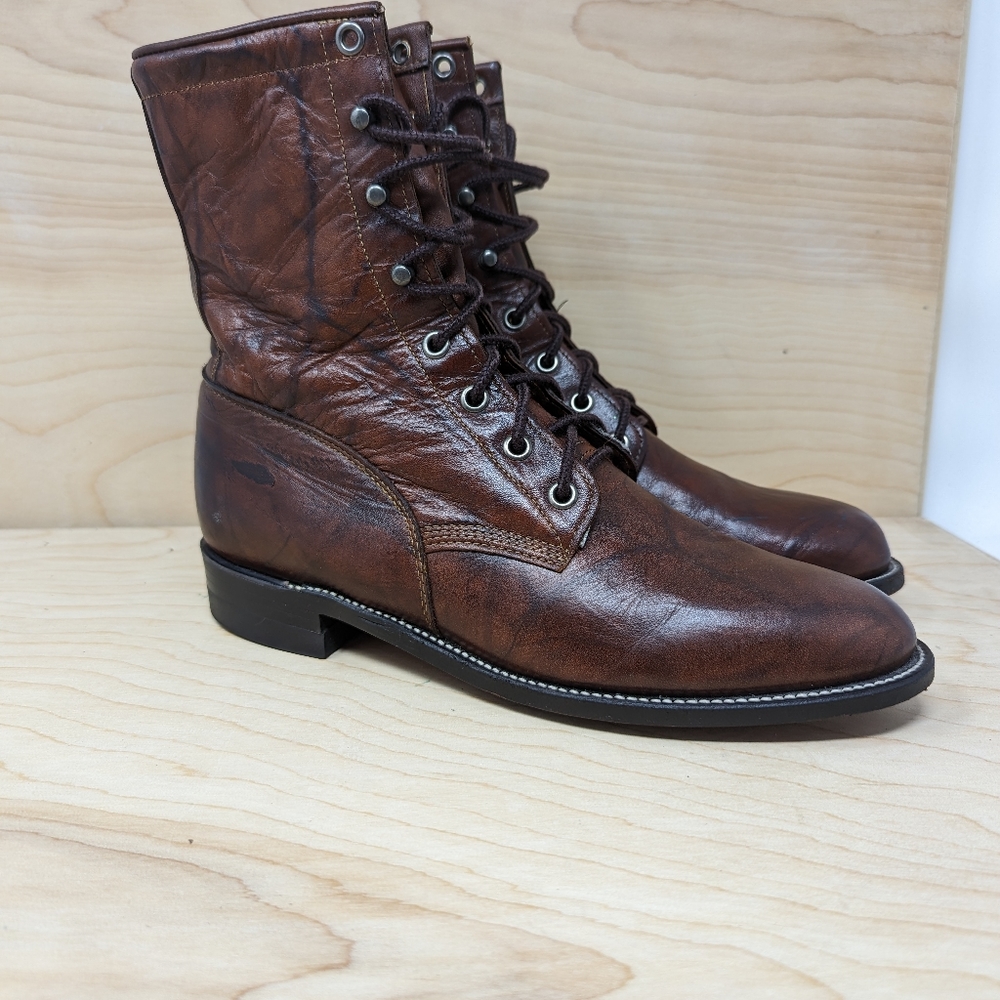 Justin Lace Up Brown Leather Western Roper Boots Size 8B Excellent Condition